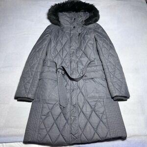 Lauren Ralph Lauren Long Parka Jacket Womens Small Diamond Quilt Fur Hood Belted
